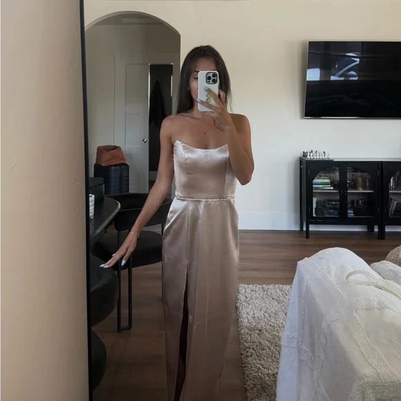 sachin and babi light blue dress Liquorish Bridesmaid Satin Twist Front Maxi dress with split in champagne  size 4 main image 0